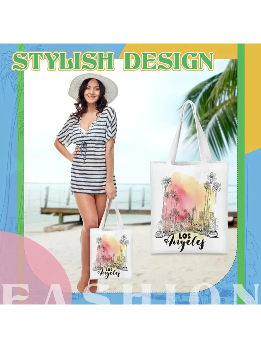 6-Piece Watercolor Los Angeles Canvas Tote Bags | Souvenir Gift for Women